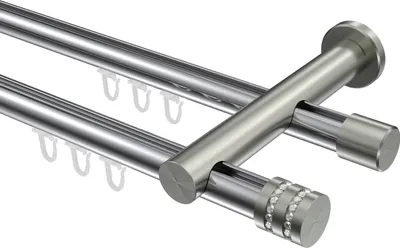 Produktbild von Interdeco Innenlaufstange / Gardinenstange mit Innenlauf Chrom / Edelstahl-Optik, Typ Platon Estana (Glitzerkappe), 20 mm Ø 2-läufig, 420 cm