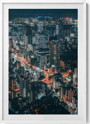 Produktbild von Stadt bei Nacht aus der Vogelperspektive– Wandbild mit Rahmen – Gerahmtes Bild  – Wanddekoration – 70x100 cm –  Weiß Rahmen