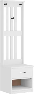 A white wooden coat rack with a drawer and shelf.