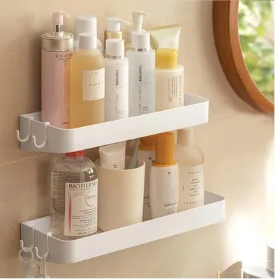 Image de Étagères de salle de bain sans perçage, lot de 2, étagère de douche avec 6 crochets amovibles, étagère murale pour salle de bain