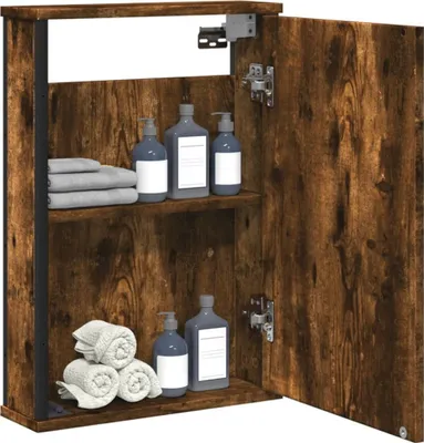 A wooden bathroom cabinet with shelves and bottles of soap or lotion.