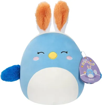 A blue plush toy with bunny ears and a tag.