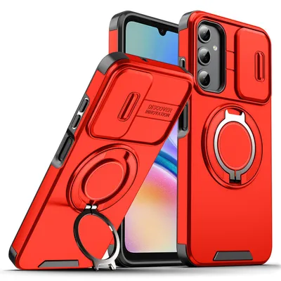 Produktbild von Handyhülle für Samsung Galaxy A05S Dual Layer Stoßfest Hülle mit Dia Kameraschutz, Magnetisch Ring Ständer Rot