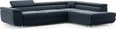 Image de BETTSO : Canapé d'angle moderne, revêtement tissu, avec convertible et coffre de rangement pour literie, avec repose-têtes réglables. Modèle VERTIGO / Gauche. Couleur : Bleu marine