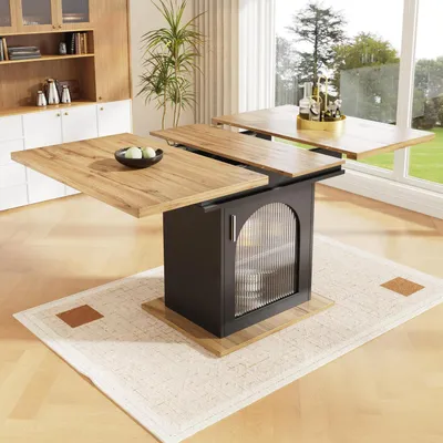 Immagine prodotto di Tavolo da pranzo allungabile con 3 ripiani, dimensioni 140x80 cm, finitura naturale e nera