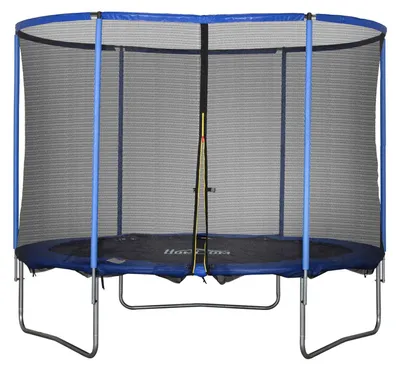 Obrázek produktu pro Trampolína s ochrannou sítí, zahradní trampolína pro vnitřní i venkovní použití, fitness trampolína, modrá + černá, do 113,6 kg, Ø305 x 248H cm