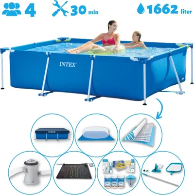 Zdjęcie produktu dla Basen Intex z prostokątną ramą - 220 x 150 x 60 cm - niebieski - zawiera pokrywę - pokrywę gruntową - pompę filtrującą do basenu - matę solarną - pakiet konserwacyjny - zestaw do czyszczenia