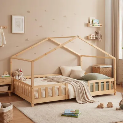 Obrázek produktu pro Dětská postel "Treviolo" v domácím vzhledu s ochranou proti vypadávání borovicového dřeva 140 x 200 cm barvy dřeva
