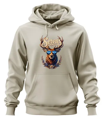 Produktbild von Servus Hirsch Geweih Sonnenbrille Edelweiß Lederhose Hoodie Kapuzenpullover, Natur, XL