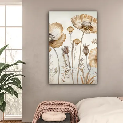 Produktbild von MuchoWow® - Leinwandbilder - Blumen - Beige - Natur - Illustration, Wandbild, Wanddeko Bilder Wohnzimmer, 80x120 cm