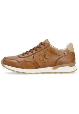 A side view of a brown leather sneaker on a white background.
