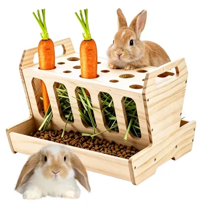 Productafbeelding van Voerbak met wortelhouders, gemaakt van natuurlijk hout, afmetingen 30 x 22 x 18 cm, geschikt voor konijnen en cavia's