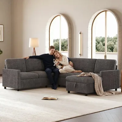 Produktbild von Moderne U-förmige Eck-Schlafcouch mit Schlaffunktion Ausziehbares Schlafsofa Grober Cordstoff Chaiselongue mit Stauraum