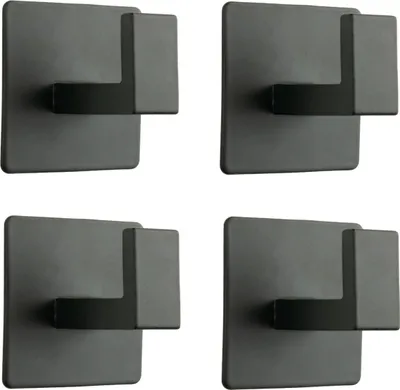 Immagine prodotto di Elegante set di 4 ganci metallici autoadesivi neri opachi per il bagno - appendini moderni e funzionali per asciugamani e accessori.