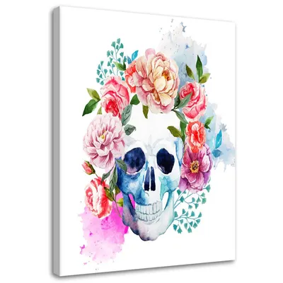 Produktbild von Leinwandbild bemalter totenkopf in blumen 40x60 cm Feeby farbe wandbild bereit zum aufhängen