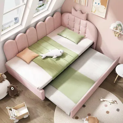 Produktbild von Polsterbett Tagesbett, Sofa Bett aus Samt mit Stauraum und Kronen-Gitter-Design, Gästebett-Schlafsofa, L-Form, ohne Matratze, 90x190cm/90x200cm, Rosa