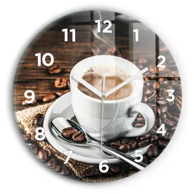 Produktbild von Wallfluent Wanduhr – Stilles Quarzuhrwerk - Uhr Dekoration Wohnzimmer Schlafzimmer Küche - Zifferblatt - weiße Zeiger - 30 cm - Tasse und Kaffeebohnen