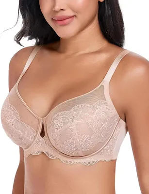 Productafbeelding van Damesbeha met beugel, bloemenkant en minimizer-effect, ongevoerd, beige