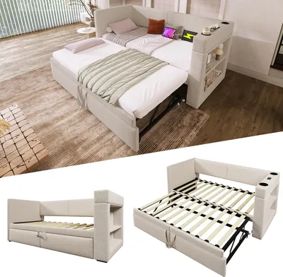 Produktbild von STILVORA Schlafsofa 90x200 mit Ausziehbett und Getränkehalter,Daybett mit USB&TYPE-C Ladeanschluss und Stauruam,Einzelbett aus Leinen,mit Matratze,Beige