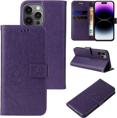 Produktbild von Handyhülle für Apple iPhone 14 Pro Floral Blumen Schmetterling Flip Cover Hülle Case Klapphülle Handytasche Farbe: Violett