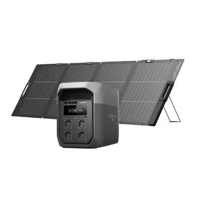 Produktbild von ECOFLOW DELTA 3 Max tragbare Powerstation 2 048 Wh mit 220W Bifazialem Solarpanel, 2 400 W X-Boost Ausgang, 500 W Solareingang, LiFePO4 Batterie