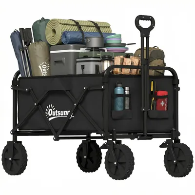 Produktbild von Bollerwagen Faltbarer Handwagen Gartenwagen Transportwagen mit Griff Verstellbarer Griffhöhe Getränkehalter Schwarz