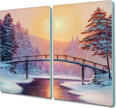 Produktbild von Coloray Herdabdeckplatte 2x30x52 cm Schneidebrett Kochplattenabdeckung Küchenbrett Hackbrett - Gemälde Winter Baumbrücke