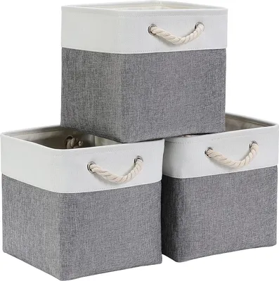 Produktbild von Aufbewahrungsbox 28x28x28 cm, Aufbewahrungskorb mit Griff, Aufbewahrung Korb Stoff für Regal, Schrank, und Kleidung (Faltbare, Grau weiß, 3er Set)