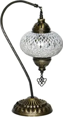 Immagine prodotto di Lampada da tavolo turca modello ad arco con mosaico artigianale in zikver bianco, LED E14, altezza 42 cm