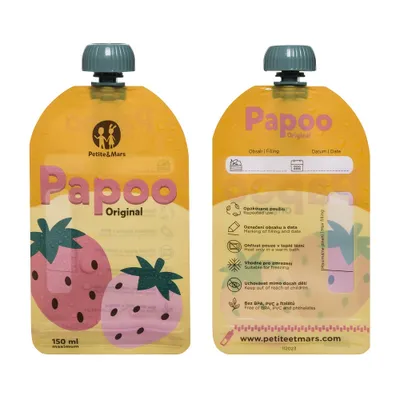 Two reusable food pouches shown side-by-side against a white background. The pouch on the left shows the front with strawberries and branding. The pouch on the right shows the back with usage instructions and website information.