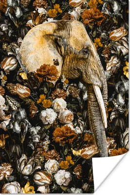 Produktbild von MuchoWow® Poster Elefant - Blumen - Braun 120x180 cm - Kunstposter