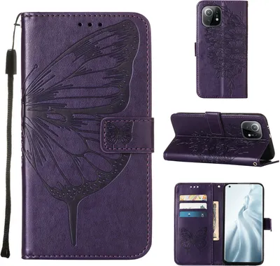 Produktbild von Xiaomi Mi 11 Hülle, Schmetterling Prägung Flip Leder Kartenfächer Schutzhülle Ledertasche mit Ständer für Xiaomi Mi 11 Lila