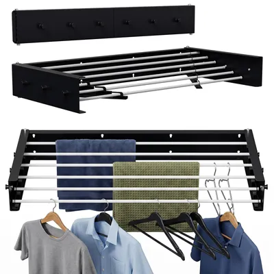 Image de Sèche-linge mural extensible et pliable, avec 6 barres et 6 crochets, gain de place pour intérieur et extérieur, 100 cm, capacité de 30 kg, couleur noire