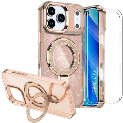 Image de Coque + 2 Verres Trempés pour iPhone 17 Pro Max, Protection Hybride avec Cercle Magnétique Scintillant - Doré