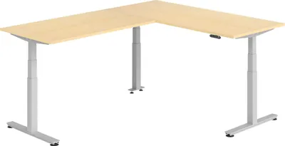 Produktbild von bümö Eckschreibtisch elektrisch höhenverstellbar L-Form - Nachbildung Ahorn, Gestell: Silber, Größe: Eckschreibtisch 180 x 240 cm