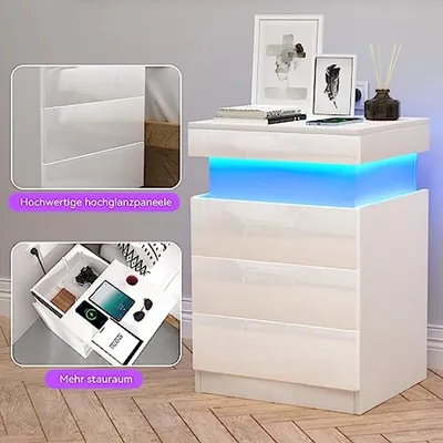 Nachtkommode mit Lade station und LED-Beleuchtung - 3 Schubladen, 2 AC-Steckdosen und 2 USB-Ports, Holztisch für Wohnzimmer