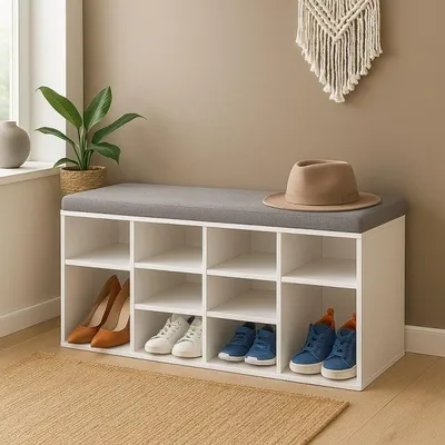 Obrázok produktu pre Skriňa na topánky s lavicou a vankúšom, biela, 104×30×48 cm – 10 priehradiek