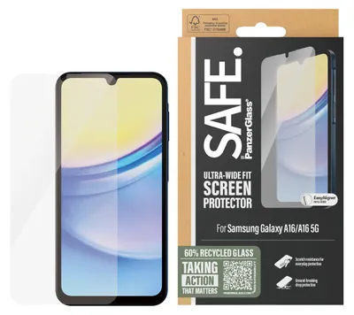 Obrázok produktu pre PanzerGlass SAFE. by ® Screen Protector Samsung Galaxy A16 | A16 5G | Ultra-Wide Fit, Samsung, Samsung - Galaxy A16 4G, Samsung - Galaxy A16 5G, Suché aplikovanie, Odolné proti poškriabaniu, Odolný proti nárazom, Priehľadná, 1 kusov