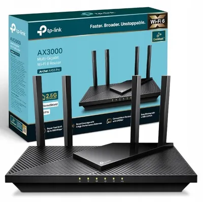 Produktbild von TP-Link Archer AX55 Pro, Wi-Fi 6 (802.11ax), Dual-Band (2,4 GHz/5 GHz), Ethernet/LAN, Schwarz, Desktop-/Pol-Router