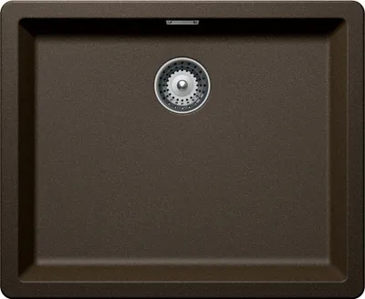 A top-down view of a brown kitchen sink with a silver drain.