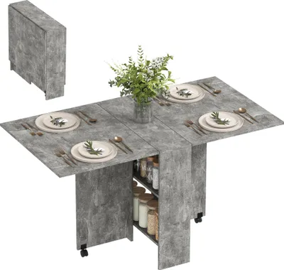 Produktbild von Klapp-Esstisch/Küchentisch - Tisch mit Rollen - 2 klappbare Flügel - 2 Ablageböden - 75×140×74 cm - Rechteckig - Für 6 Personen - Hellgrau