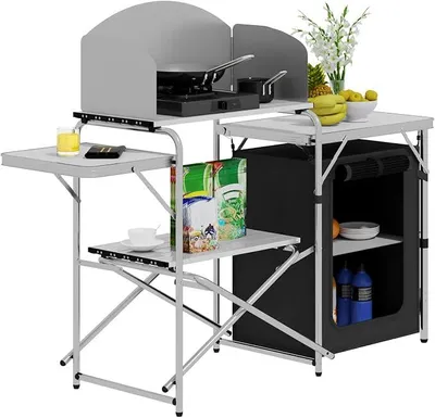 Produktbild von Faltbar Campingschrank Campingküche inkl.Tragetasche mit Aluminiumgestell Reiseküche tragbar/klappbar Outdoor Campingmöbel aus Alu und MDF für Picknick Strand im Freien