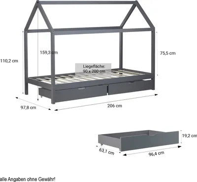 Produktbild von Homestyle4u Kinderbett 90x200 mit Matratze mit Standard 100 mit Lattenrost mit Bettkasten Stauraum Hausbett Grau