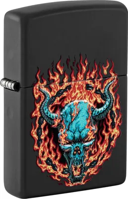 Zdjęcie produktu dla Zapalniczka Zippo Burning Devil Skull plakietka czarny mat wiatroodporna