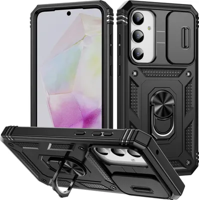 Obrázek produktu pro Pouzdro pro Samsung Galaxy A55 posuvná ochrana kamery, robustní nárazuvzdorné, s držákem prstenu, stojánkem a držákem na karty černé