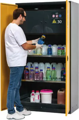 Produktbild von Chemikalienschrank mit Sicherheitsbox - Sichtfenstertüren, enzianblau - 3 Tablarauszüge - 1.950 x 1.055 x 520 mm (HxBxT)