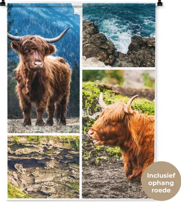 Produktbild von MuchoWow® Wandteppich Wandbehang Schottisches Hochlandrind - Tiere - Collage 90x120 cm Tapisserie Dekoration Wandtuch - Wanddeko