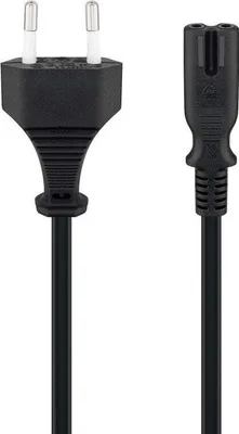 A black power cord with two different types of plugs on either end, shown against a white background.