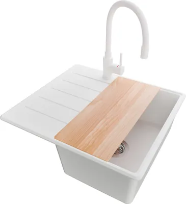 Produktbild von PRIMAGRAN Granitspüle Weiß 55x50cm, Spülbecken 1 Becken + Küchenarmatur 38x14cm + Ablauf-Set + Schneidebrett, Küchenspüle ab 40er Unterschrank - Kopenhagen