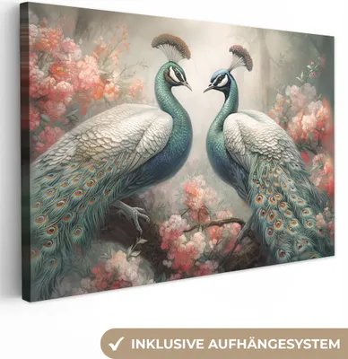 Produktbild von MuchoWow® - Leinwandbilder - Pfaue - Pfauenfedern - Vögel - Natur, Wandbild, Wanddeko Bilder Wohnzimmer, 120x80 cm